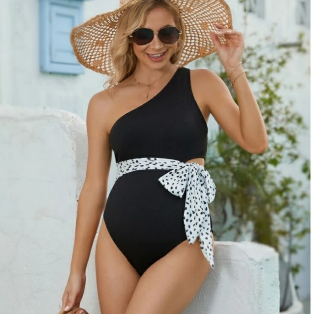 Shein black One Piece Swimsuit asymmetrical tie waist